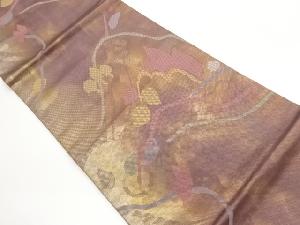 引箔変わり草葉に抽象模様織出し開き名古屋帯（額縁仕立て）